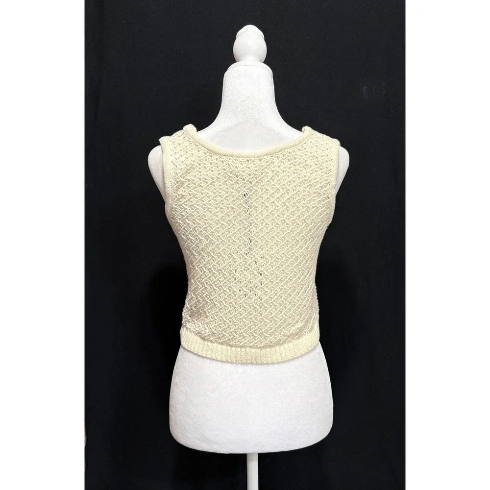 Hippie Rose Sweater Vest Womens Small Cream Boho Open Knit Front Tie Cropped‎